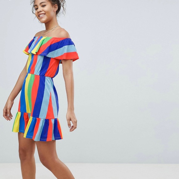 ASOS Women’s Rainbow Pride Striped Ruffled Casual Off Shoulder Dress Size 14 - Picture 2 of 8